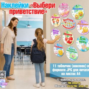 Таблички (наклейки) «Выбери приветствие» для учеников
