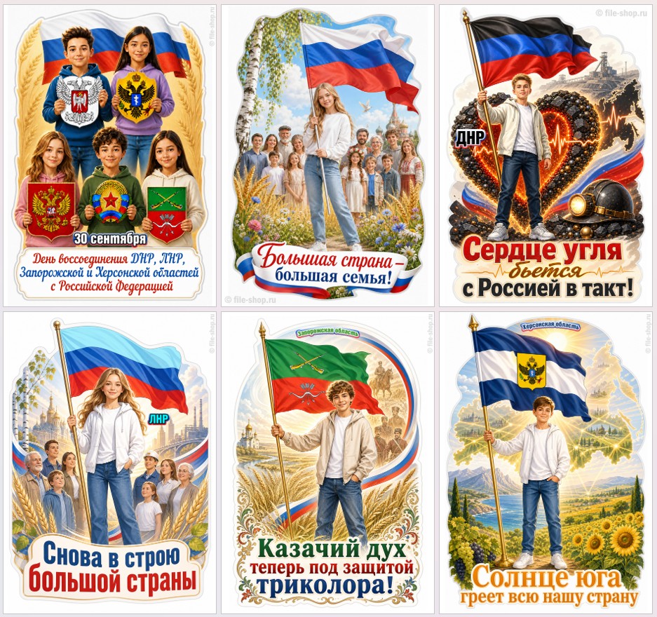Тематические вырубные мини-плакаты на День воссоединения ДНР, ЛНР, Запорожской и Херсонской области с РФ к 30 сентября